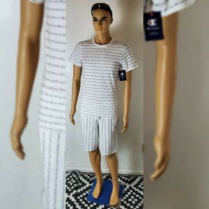 CHAMPION ALLOVER PRINSTRIPE PRINTED FLEECE SHORTS MEN' SIZE S WITH POCKETS WHITE
